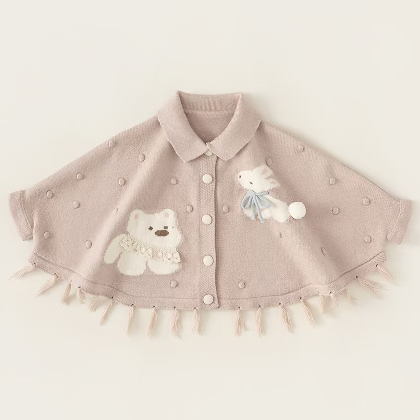 Casaco de malha para menina com capuz e borlas de bebé_voghion.com