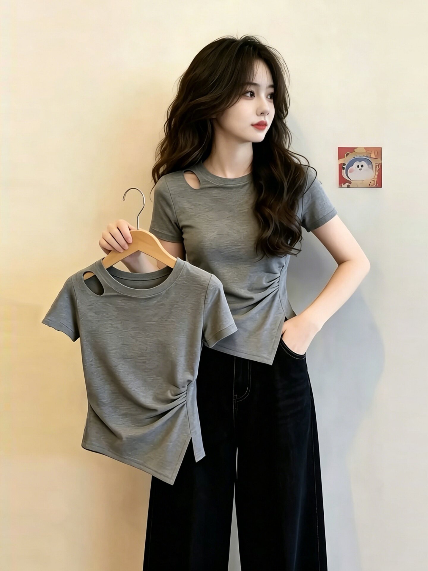 Áo thun nữ tay ngắn cổ tròn xám nhún eo xẻ tà ôm dáng — màu xám chi tiết 3