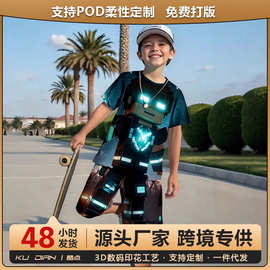 跨境外贸透气夏季儿童方块人3D印花套装潮流儿童套装短袖T恤套装