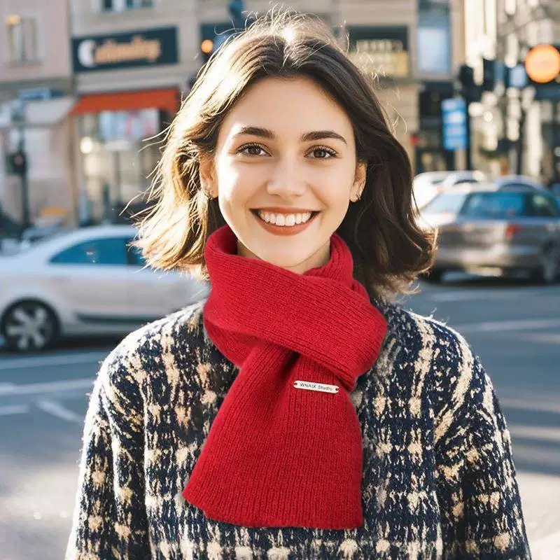 厚款红色新年围巾女冬季圣诞针织毛线围脖韩版百搭加厚保暖学生潮