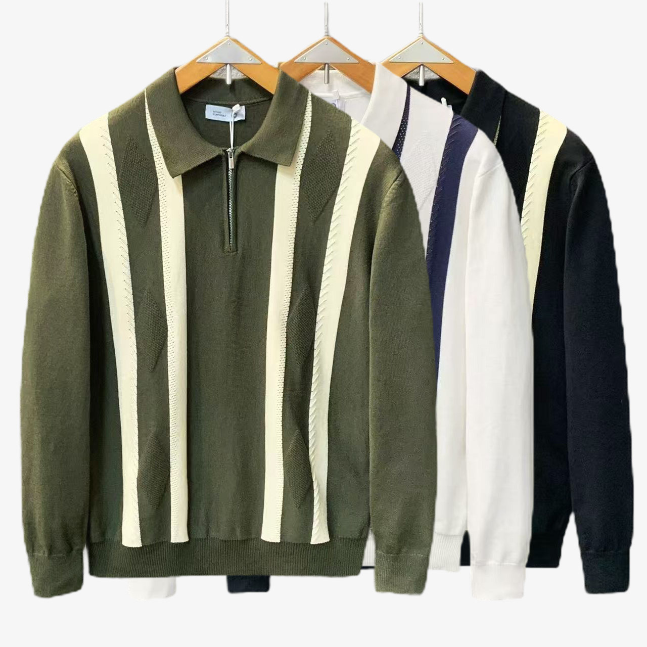 Explosiones transfronterizas de tamaño grande europeo polo camiseta con solapa camiseta de punto suéter hombre medio cremallera rayas otoño y invierno fábrica al por mayor