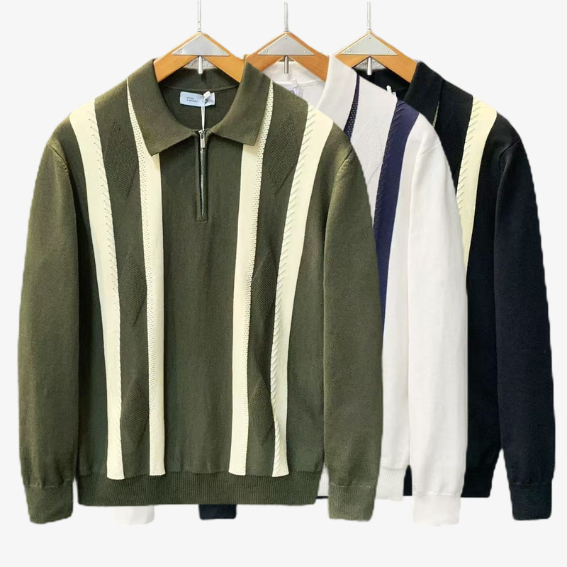 Cross-Border Popular European Size Large Size Polo Shirt Lapel Knitwear Men's Half Zipper Striped Autumn and Winter Factory Wholesale Cross-Border Popular European Size Large Size Polo Shirt Lapel Knitwear Men's Half Zipper Striped Autumn and Winter Factory Wholesale