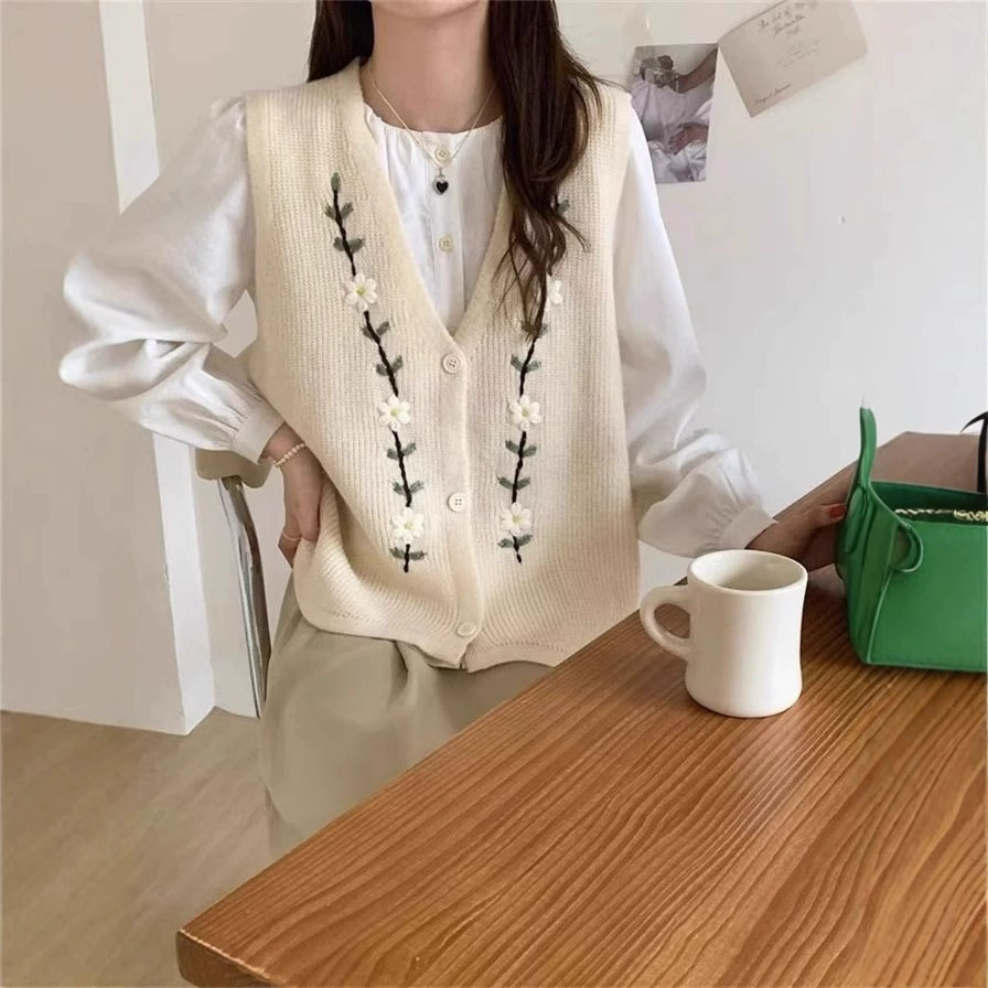 Женский вязаный жилет с ретро-вышивкой, весна-осень 2025, новый стиль, многослойный, с V-образным вырезом
