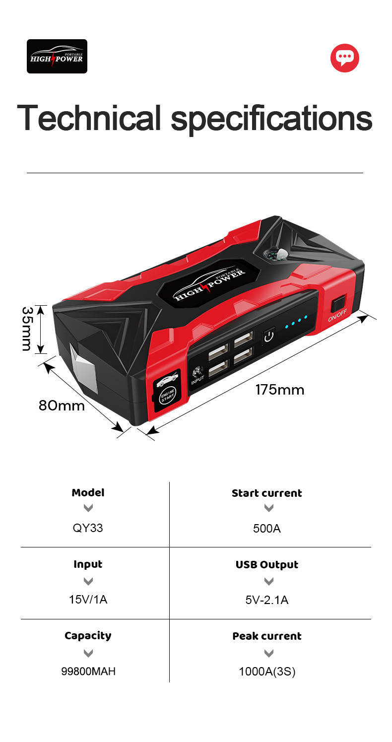 Qy33 Car Emergency Starting Power Supply, Large-Capacity 12V Car Charger, Battery Rescue Emergency Charger