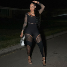 MD290欧美风夏季女装新款性感网纱透视镂空高腰长裤长紧身连体裤