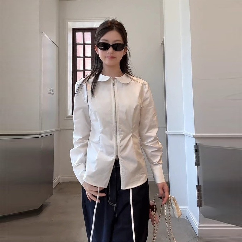 韩系甜酷娃娃领长袖双拉链衬衫女2025夏季新款气质收腰开衫上衣潮|undefined