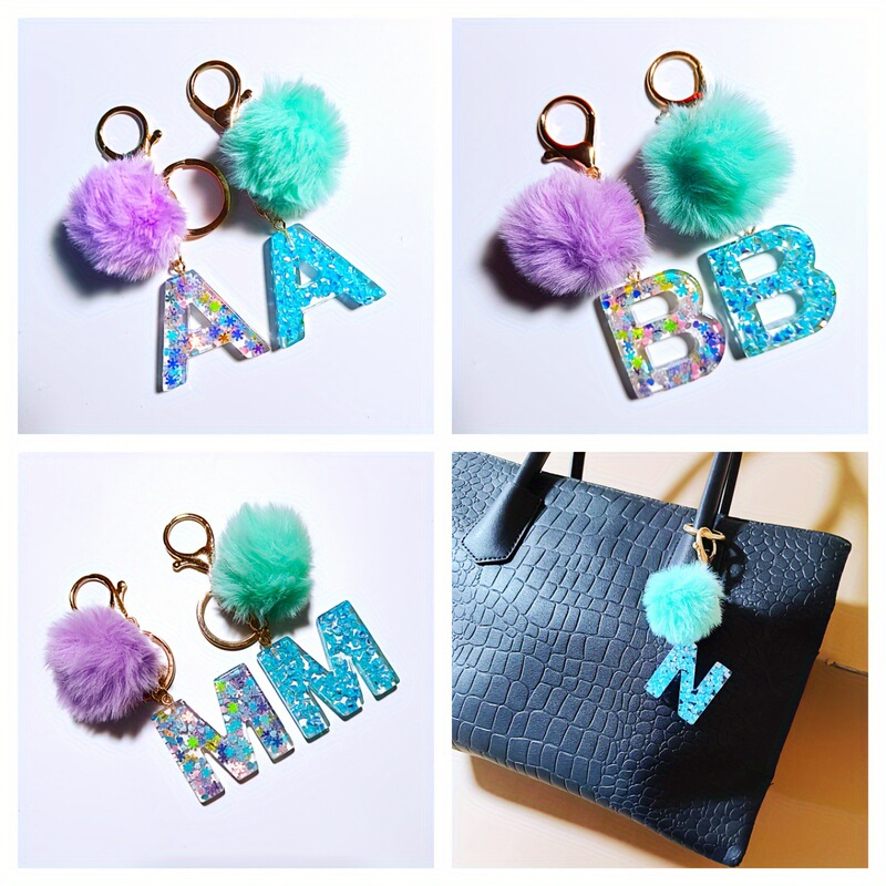 Resin Letter Shiny Letter Keychain suit-Resin Letter Jewelry with Pompom for Bags and Backpacks
