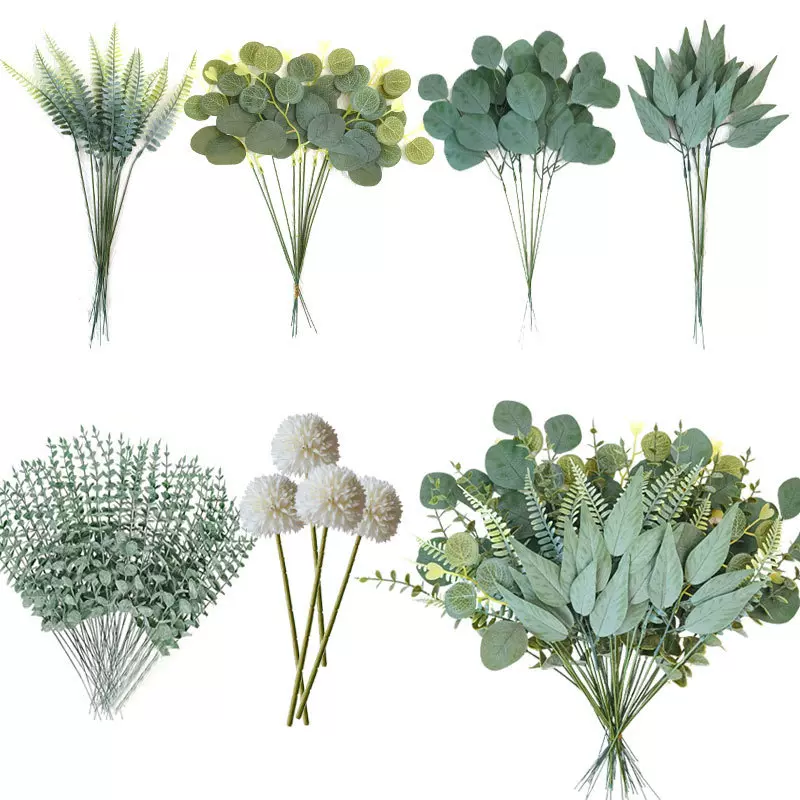 亚马逊跨境人造花人造桉树叶茎短银元树枝装饰叶子仿真绿植塑料叶