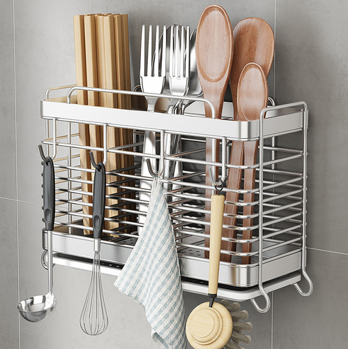 Stainless steel kitchen chopstick barrel knife and fork storage box multi-functional drain rack wall-mounted chopstick cage household