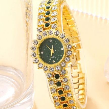 Nov 5-delni komplet nišnih lahkih luksuznih večnamenskih majhnih jeklenih pasov, majhnih zelenih ur, uhanov, ogrlice, zapestnic in prstanov_voghion.com