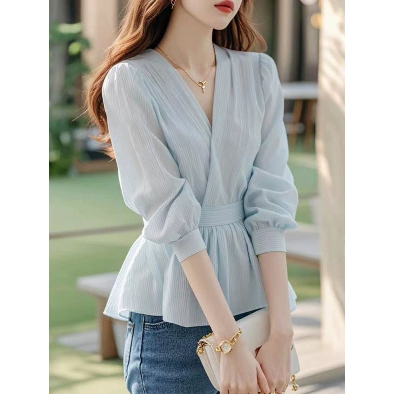 Autumn blue shiffon shirt, french style, western style