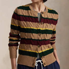 小马~秋东新款女装经典小马刺绣条纹撞色狡花复古百搭针织衫外套