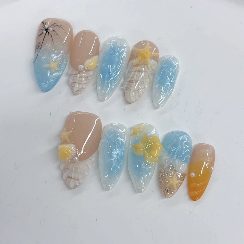 欧美热销海洋系列杏仁甲海浪椰树立体雕花纯手工穿戴甲成品nails|undefined