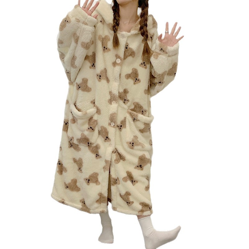 Invierno de coral camisa de mujer gruesa con capuzas cálidas lindas caricaturas osos camisa de camisa