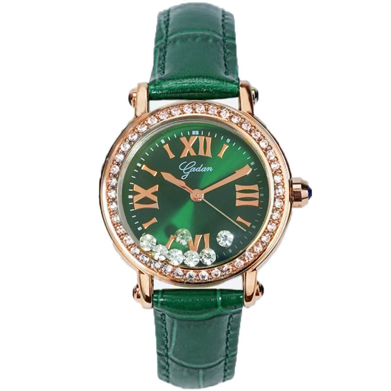 Yadan Damen-Armbanduhr Rolling 7 Happy Diamond Green, Echtlederarmband, wasserdicht, High-End-Mode, exquisite Damenuhr_voghion.com