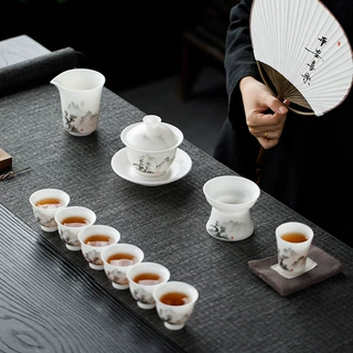 手绘山水茶具冰种羊脂玉瓷盖碗整套家用茶具手工作画德化白瓷礼盒