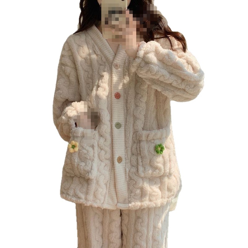 冬季加厚珊瑚绒提花睡衣女可外穿开衫两件套装长袖长裤甜美家居服|undefined