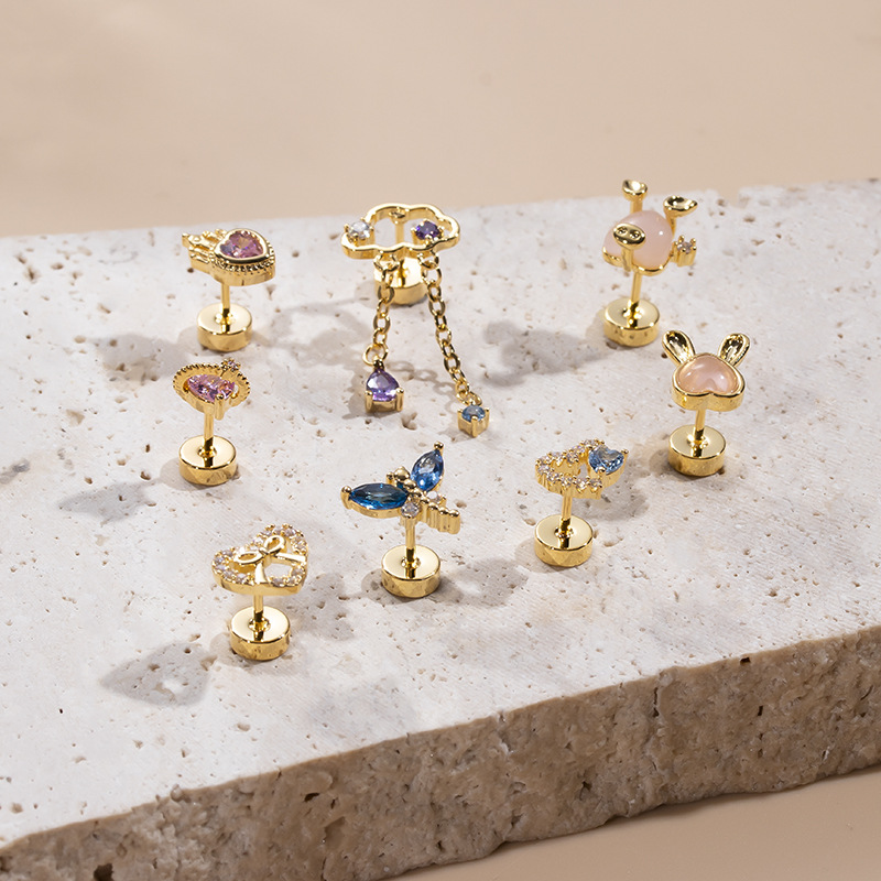 2PCS Neue Mode Earbone Studs Zirkon Herz Bogen Knoten Libelle Edelstahl Dünne Stange Einzigen Kopf Runde Kuchen Schraube ohrnägel_voghion.com