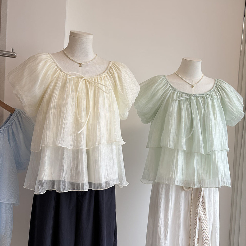 [Bizheng] 2026 Summer New Product Korean Style Ruffled Edge Fresh and Sweet Age-Reducing Lace-Up Lantern Sleeve Shirt 6772