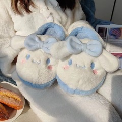 Autumn/Winter Cotton Slippers for Girls with Cute Cartoon Dog Ins Style, Girl Dormitory Fluffy Cotton Shoes with Full Heel