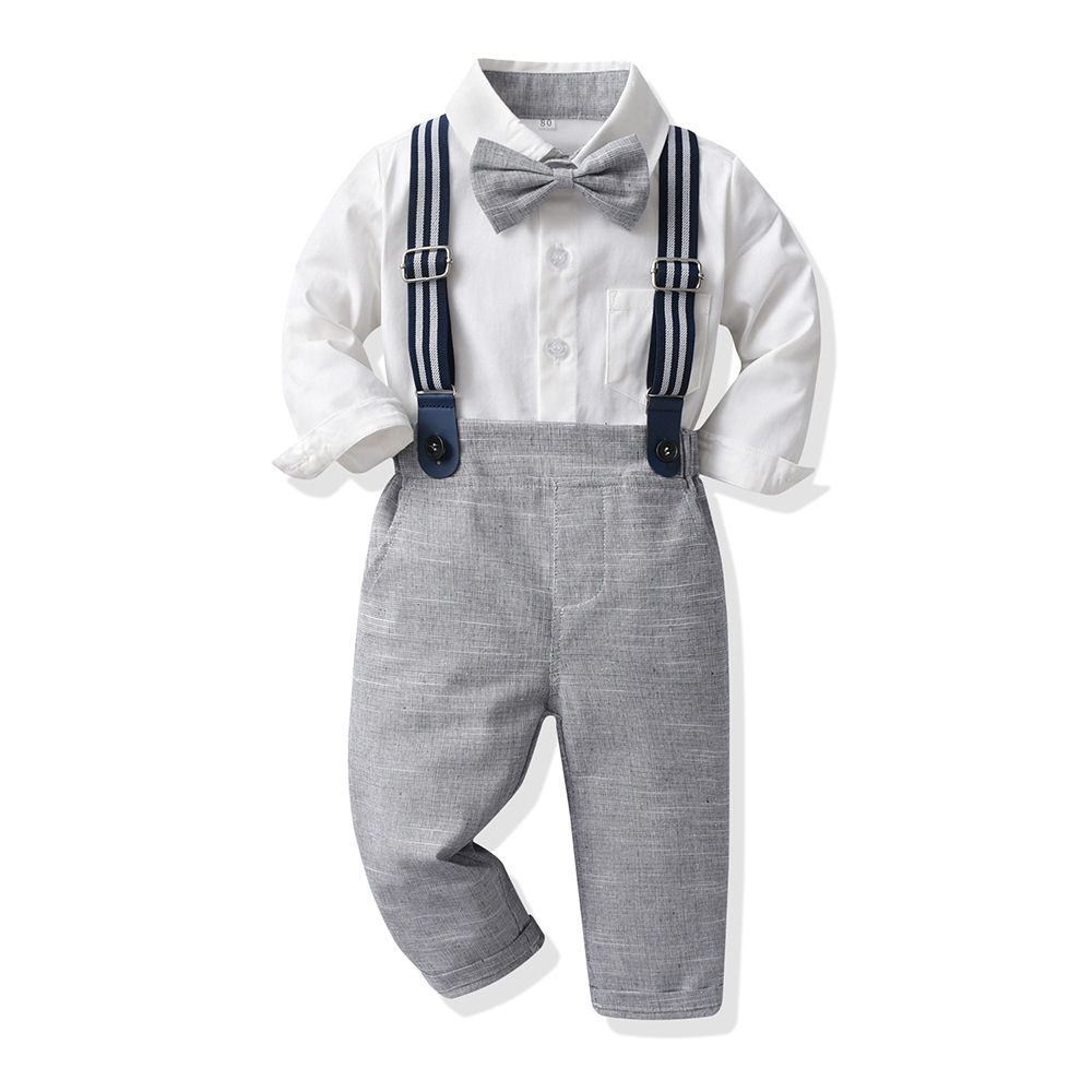 Versión coreana del traje de pajarita con correa para niños, cárdigan de algodón de manga larga de color sólido, estilo de otoño para hombres y bebés, nuevo traje de dos piezas al por mayor