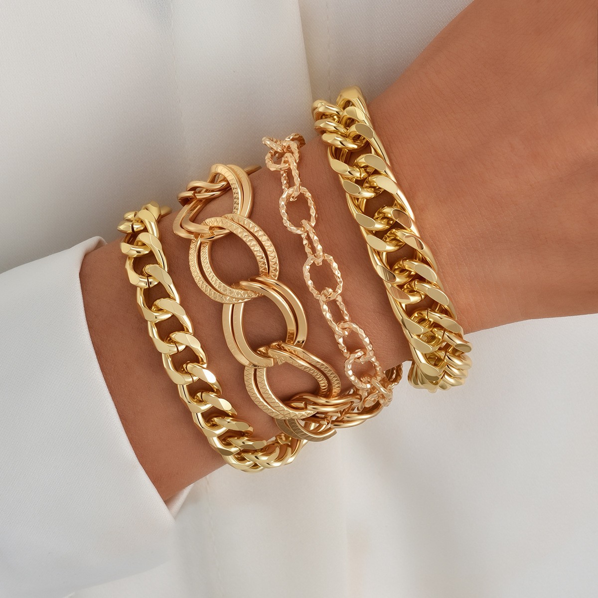 Europa y los Estados Unidos transfronterizos protección ambiental pulsera gruesa 5 piezas de cadena de aluminio + cadena de hierro + CCB personalidad de diseño exagerado cadena joyería de bola