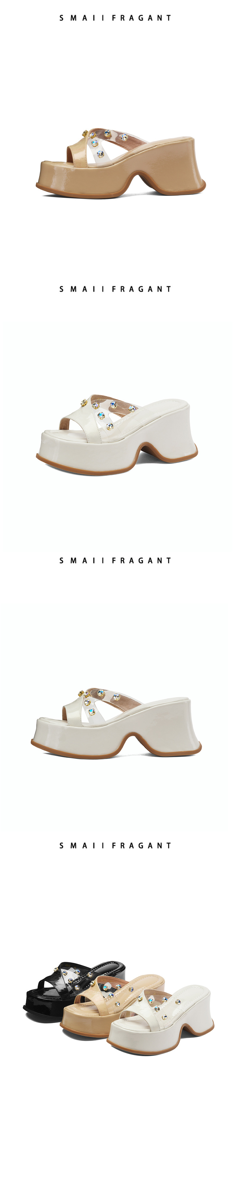 Sandal cao gót nữ đính đá trong suốt quai ngang gót 9cm đế xuồng — Màu đen, Màu trắng be, Màu mơ chi tiết 15