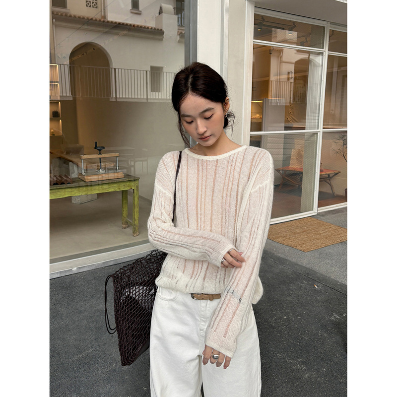 Tg Weekend Leisure Versatile Round Neck Pullover Sheer Hollow Knit Sweater for Women 2026 Spring Collection 26569