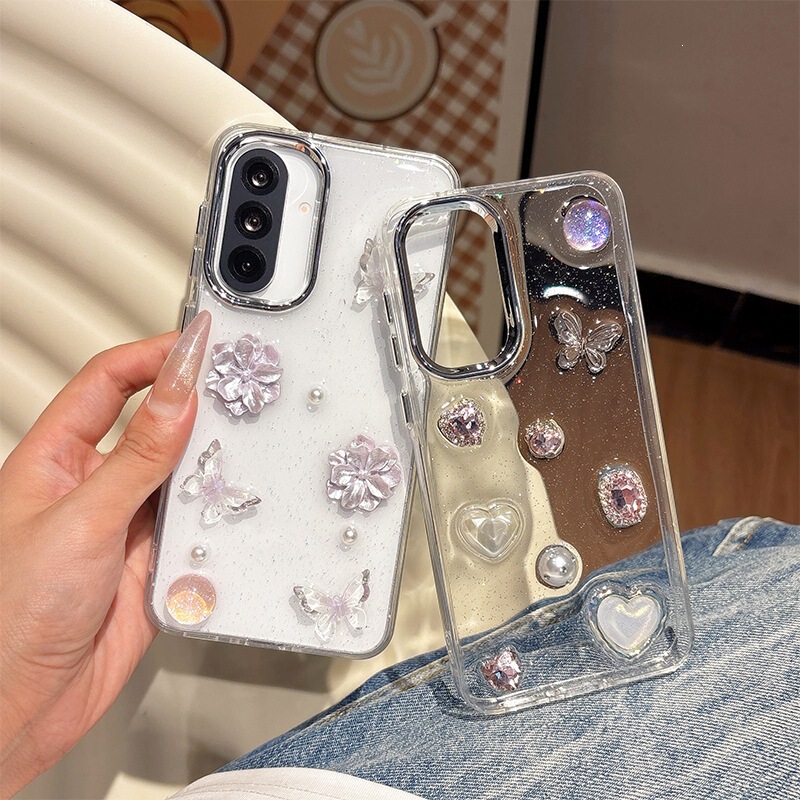 Suitable for Samsung S26Ultra Transparent Glitter Glue A55 Heart S25 Pearl Flower Butterfly Rhinestone Mobile Phone Case