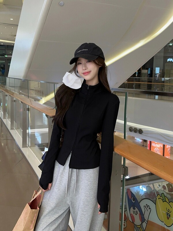 黑色立领双拉链长袖卫衣女秋季新款韩系修身显瘦设计感小众外套潮|undefined