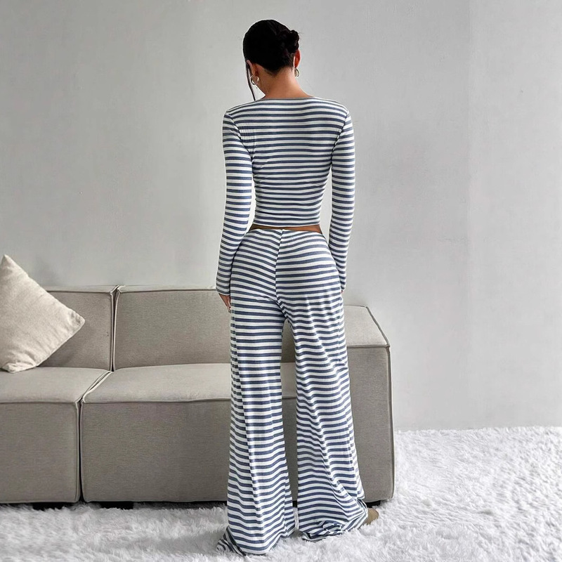 ヨーロッパとアメリカのクロスボーダーAmazon TK2025新しい女性のストライププルオーバー長袖+巾着ワイドレッグパンツスーツのリアルショット|undefined