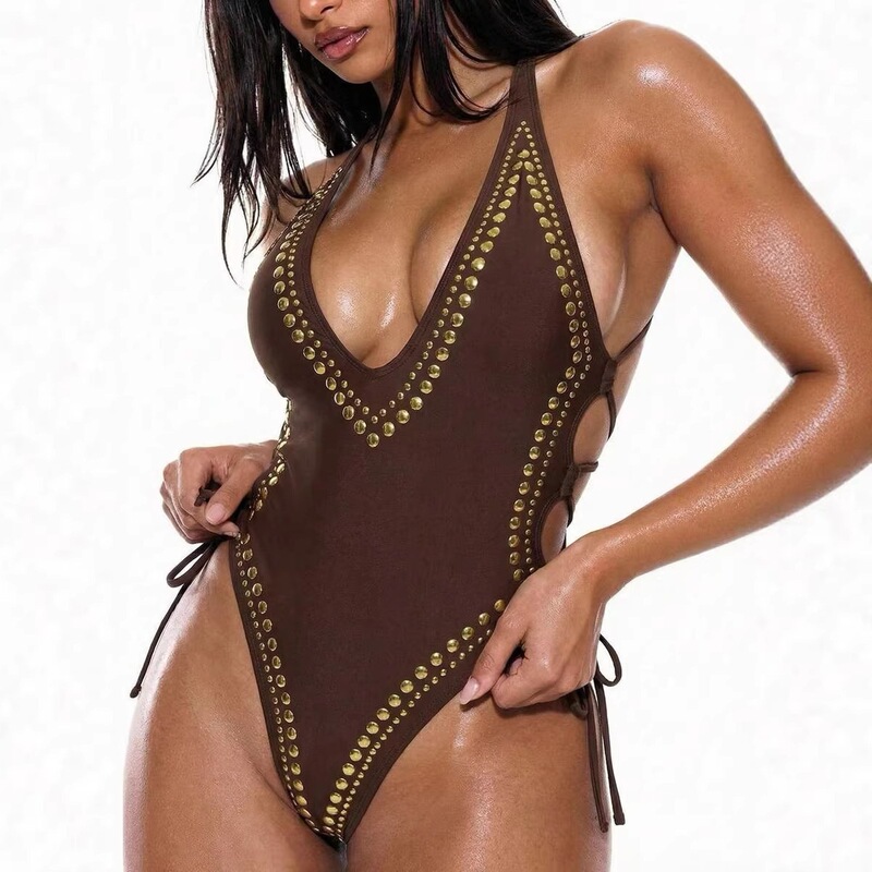 European and American Summer New Style Sexy Studded Tight-Fitting Cross-Border Lace-Up Bikini Women's Beach Vacation One-Piece Swimsuit