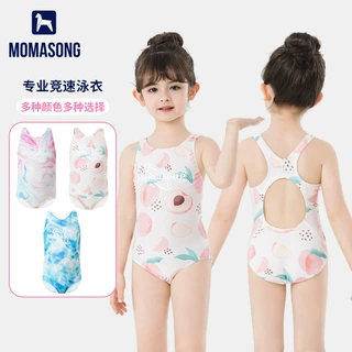 Momasong女童连体三角泳衣青少年学生专业训练无胸垫印花游泳衣