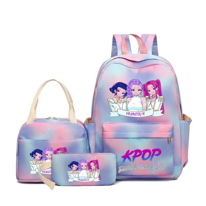 Demon Hunter Girl Group Backpack Three-Piece Set Large Capacity Backpack Kpop Demon Hunter Merchandise Bag School Bag