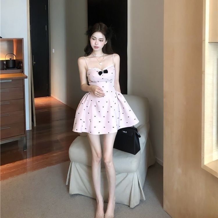 リボンレースプリントサスペンダードレス女性の夏の純粋な欲望ウエストショートスカート胸パッドなしスリムふわふわスカート|undefined