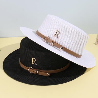 Korean Edition Metal letter Bandage Straw hat leisure time fashion Flat Topper grace temperament Sunscreen Visor