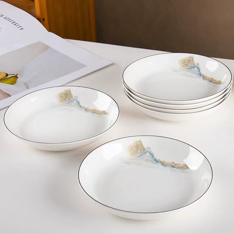 Platos de cerámica de 8 pulgadas con borde negro al por mayor, platos hondos, platos para arroz, platos redondos, platos para fruta, vajilla de cerámica, estilo nórdico.