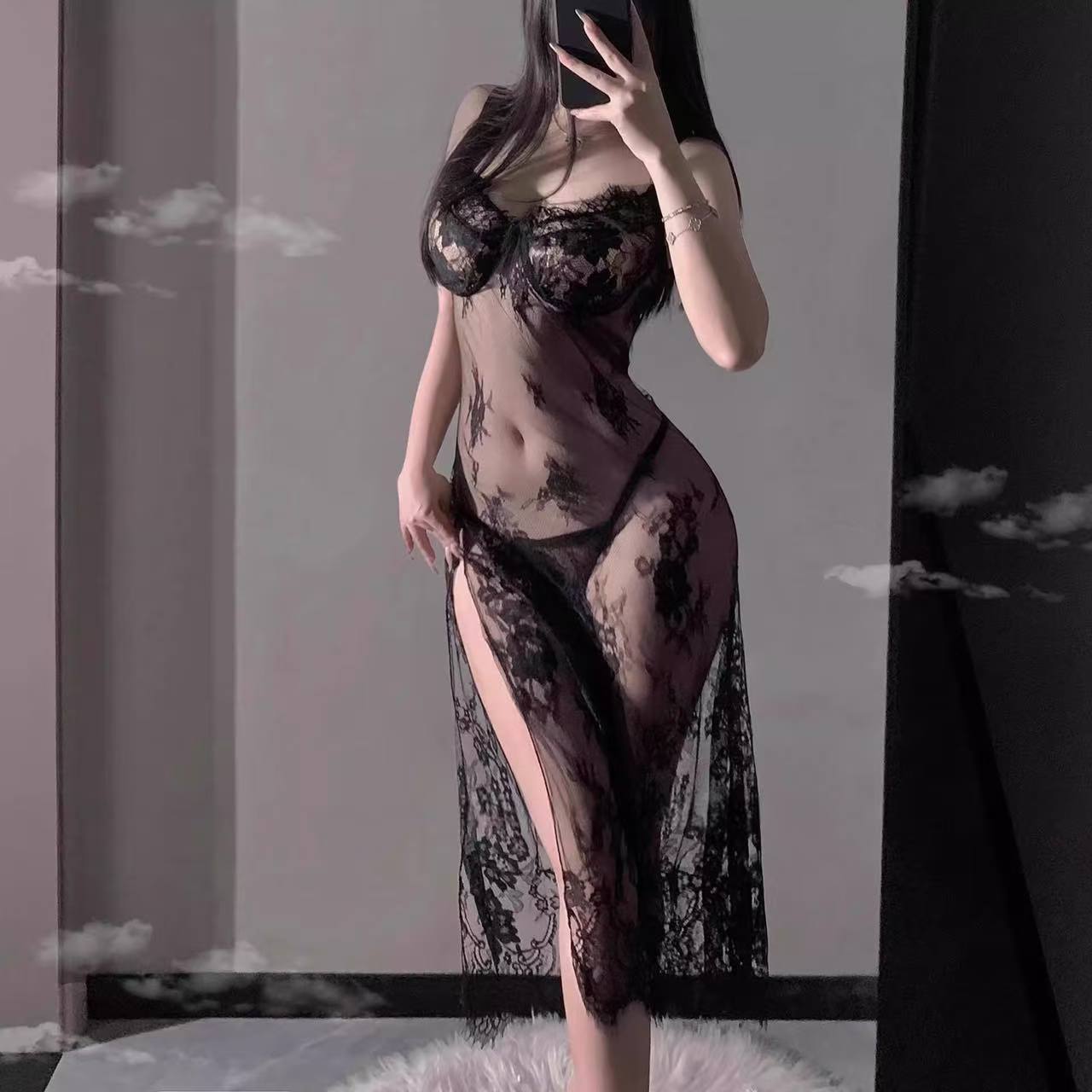 Purple See-Through Lace Lingerie Set with High-Slit Long Skirt and Suspenders — detail image 3