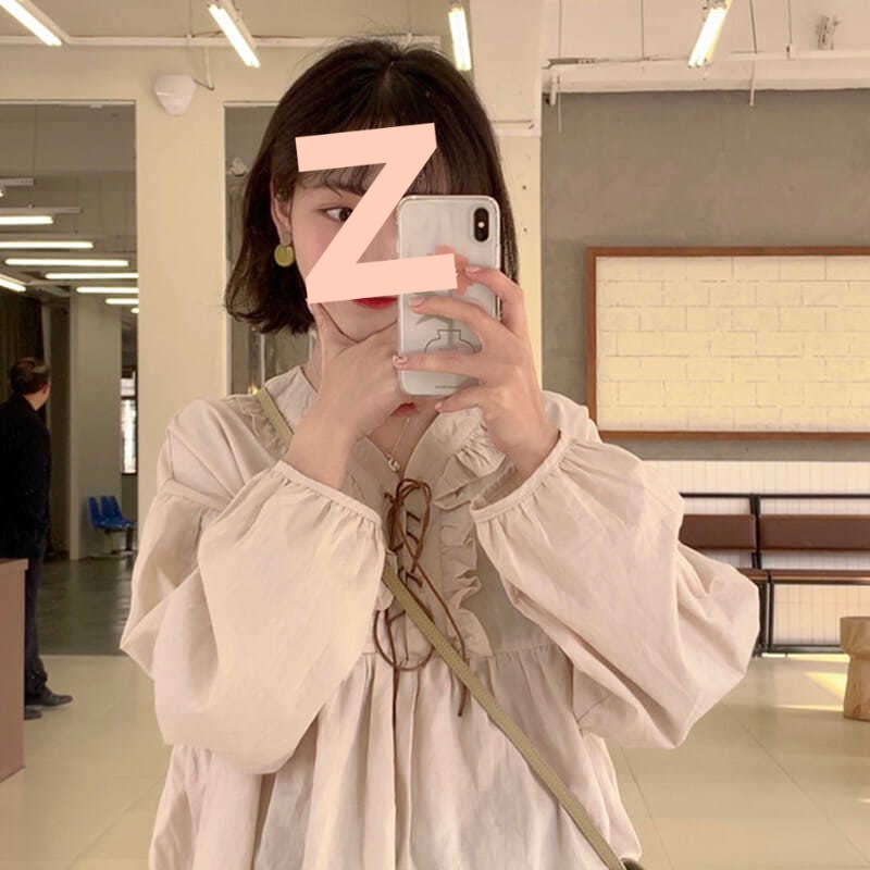 秋季新款韩版小清新绑带学院风娃娃衫系带V领灯笼袖衬衫女学生潮