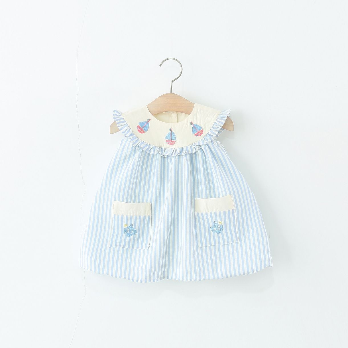 2025 New Summer Three-Sailboat Striped Dress Girls Sailboat Embroidered Mini Dress