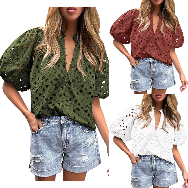 Amazon Women's Tops 2026 New Style Ebay European and American Cross-Border Foreign Trade Embroidered Hollow-Out Lantern Sleeve Shirt T-Shirt Amazon Women's Tops 2026 New Style Ebay European and American Cross-Border Foreign Trade Embroidered Hollow-Out Lantern Sleeve Shirt T-Shirt