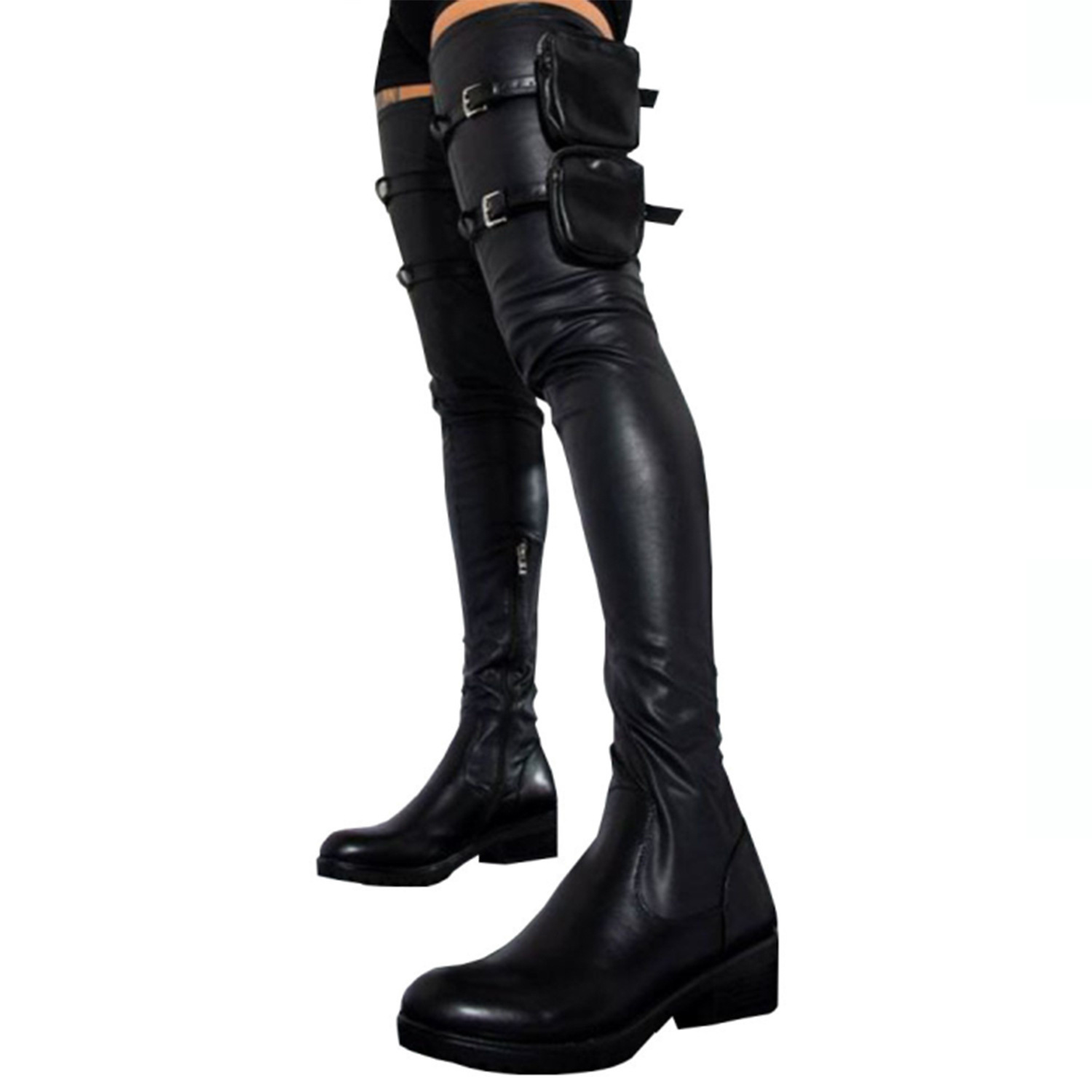 Damenschuhe Winter neue Damen Overknee-Stiefel mit runder Spitze, niedrigem quadratischem Absatz, kleine Tasche, Dekoration, große Größe, modische Stiefel_voghion.com