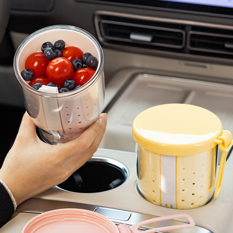 drenaje sellado a prueba de fugas taza de fruta de doble capa con horquilla portátil de gran capacidad fresca ensalada taza de fruta en stock al por mayor