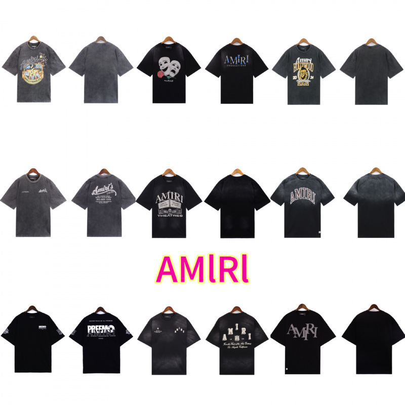 European and American fashion brand AMIRI series digital printing micro logo letter LOGO retro casual short sleeve T-shirt for men and women European and American fashion brand AMIRI series digital printing micro logo letter LOGO retro casual short sleeve T-shirt for men and women