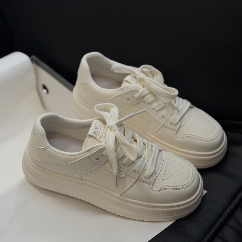 2026 Autumn New Flat Casual Lace-Up Leather Sneakers, College Style Versatile Women's White Shoes with 3cm Sole Height