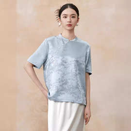 严选新中式上衣夏女国风刺绣真丝短袖桑蚕丝短袖纯色简约衬衫上衣