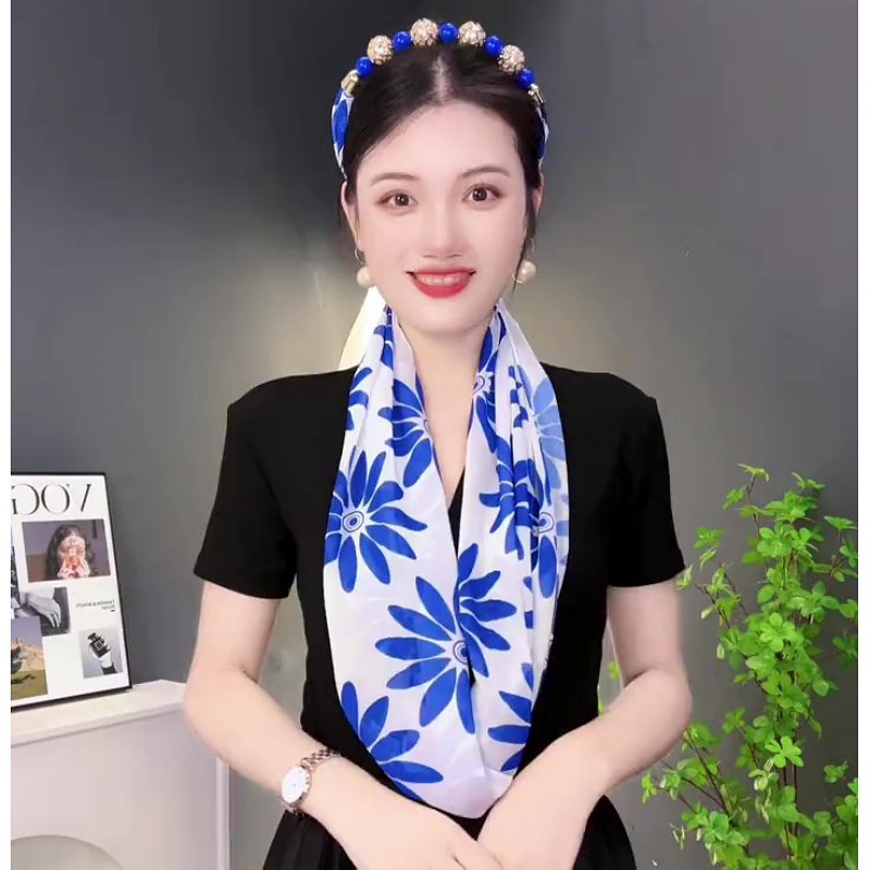 Tianxin 새로운 스타일 구슬 목걸이 에스닉 스타일 숄 꽃 실크 스카프 여성용 다기능 패션 자외선 차단제 목 커버 머리 스카프