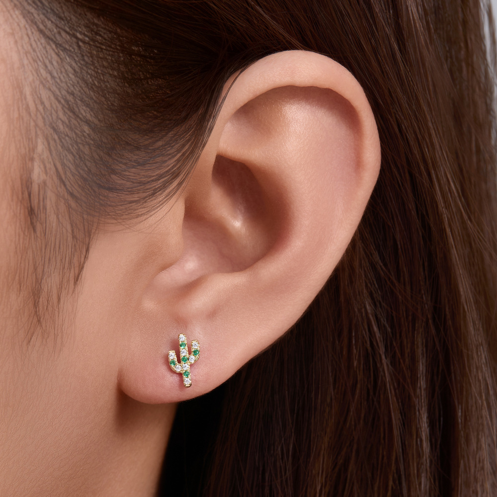 S925 cactus de plata de ley micro-incrustaciones de circón pendientes pequeñas mujeres japonesas y coreanas dulces y frescas personalidad pendientes de diamantes joyas