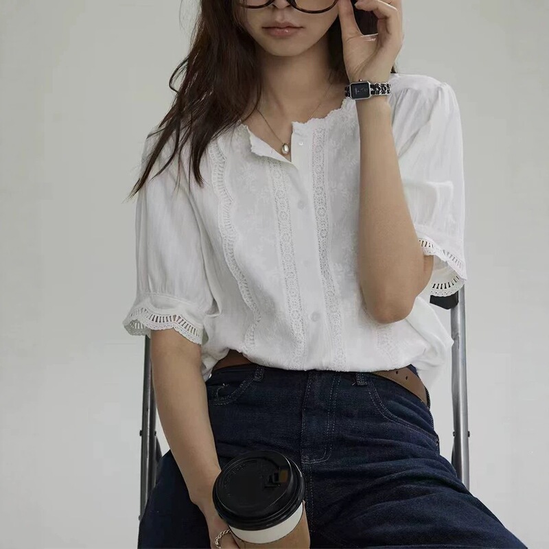 Round Neck Embroidered Lace Shirt with Cutout Cuffs for Women, French Pastoral Style, Niche Simple Top Round Neck Embroidered Lace Shirt with Cutout Cuffs for Women, French Pastoral Style, Niche Simple Top
