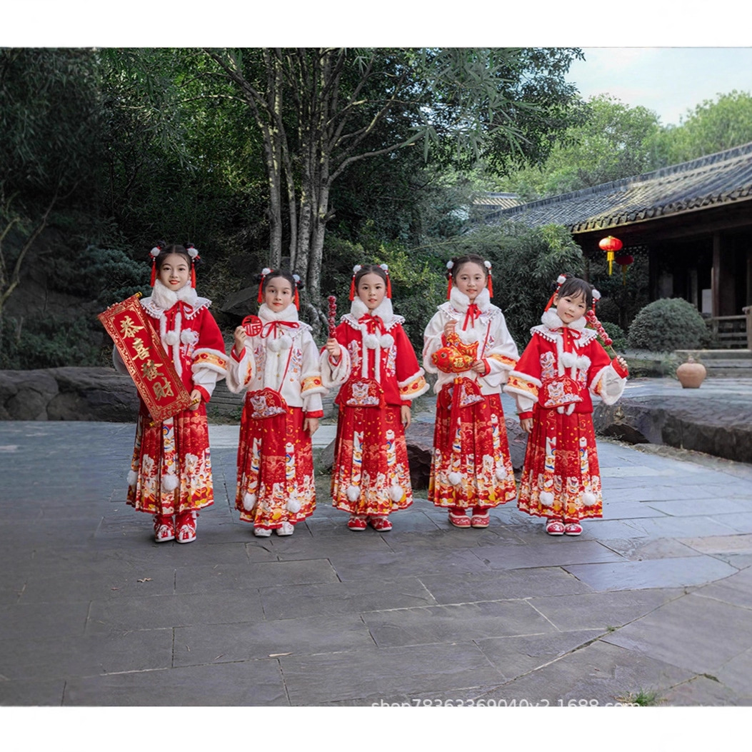 儿童汉服女童拜年中国风短袖古装秋冬加绒厚唐装新年衣服马面裙